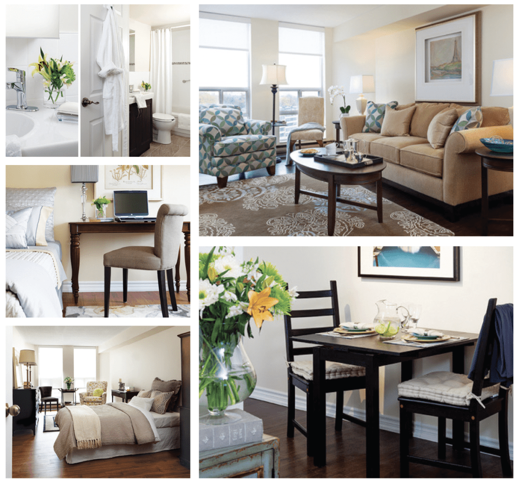 Collage of a bright, furnished apartment featuring a living room, bedroom, bathroom, work desk, and dining area with neutral décor, dark wood furniture, patterned accents, and fresh flowers.